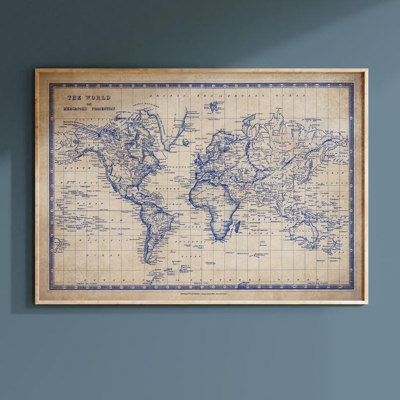 Vintage World Map Poster - Antique Blueprint Style Wall Print image 1