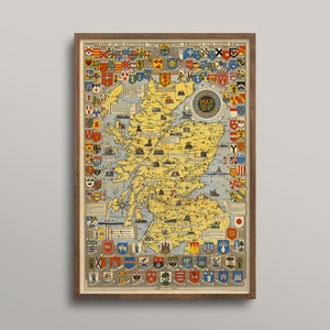 Vintage Scotland map, clans of Scotland, coats of arms, historic Scotland, old Scotland map, Scottish history, Scotland lover gift, Scotland