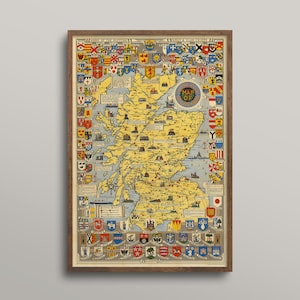 Vintage Scotland map, clans of Scotland, coats of arms, historic Scotland, old Scotland map, Scottish history, Scotland lover gift, Scotland