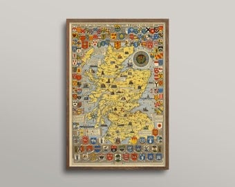 Vintage Scotland map, clans of Scotland, coats of arms, historic Scotland, old Scotland map, Scottish history, Scotland lover gift, Scotland