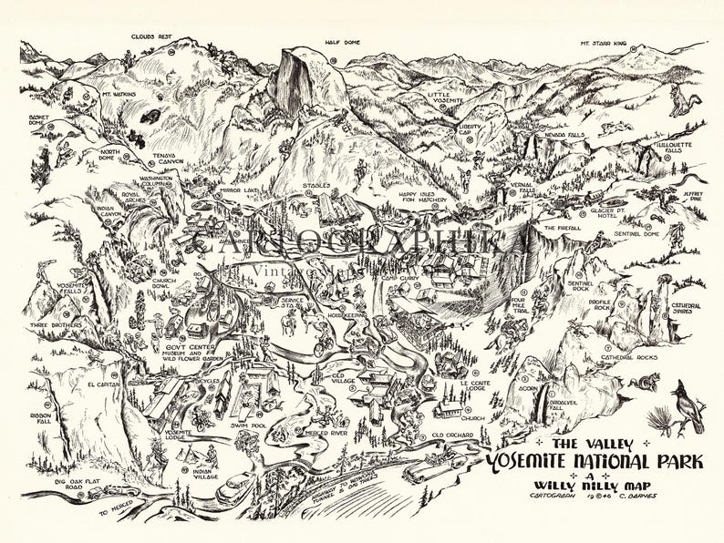 Yosemite National Park Map: Vintage Style Art Print (Multiple Sizes) image 2
