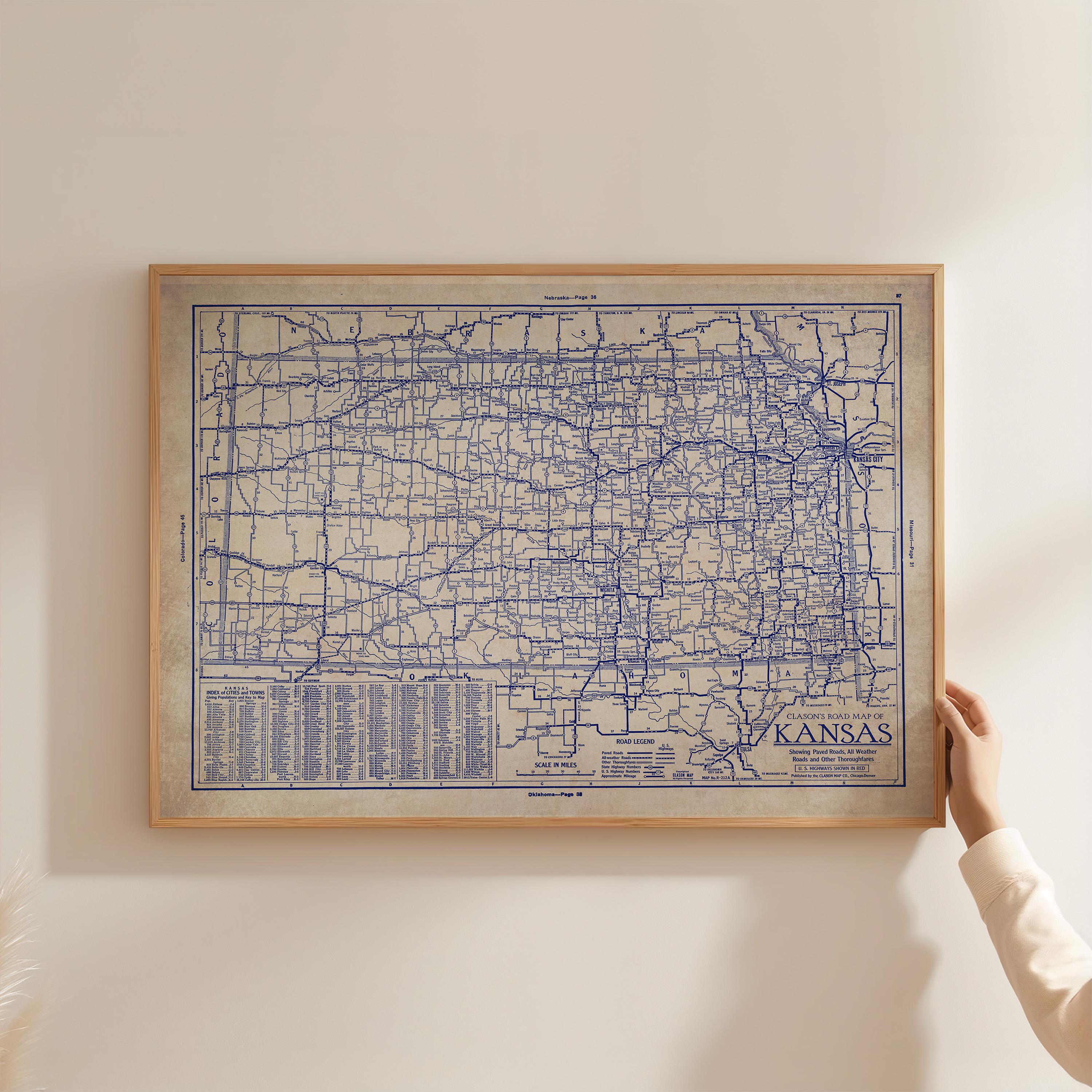 Vintage Kansas Map Print, Blueprint Style (1930s Roads and Highways) - Etsy
