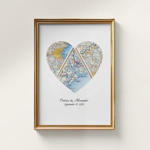 May include: Framed artwork featuring a heart-shaped map collage. The collage is composed of three map sections, with a gold frame. The names "Patrice & Alexander" and the date "September 12, 2025" are printed below the heart.