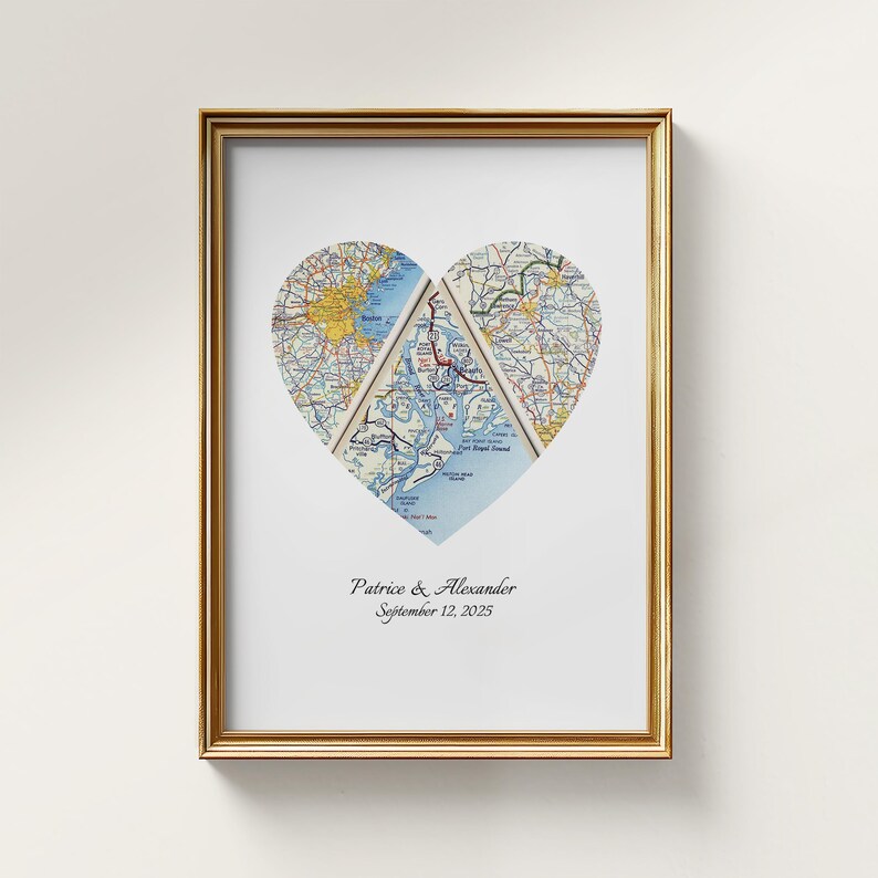 May include: Framed artwork featuring a heart-shaped map collage. The collage is composed of three map sections, with a gold frame. The names "Patrice & Alexander" and the date "September 12, 2025" are printed below the heart.