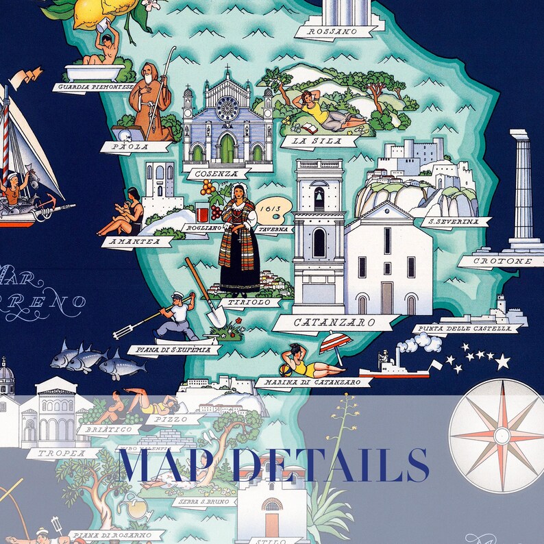 Mapa Kalabrii w stylu vintage, Włochy w wersji ilustrowanej (8x10 lub 16x20 cali) zdjęcie 8