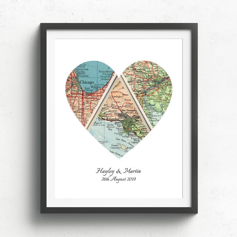 Custom Heart Map Art, Vintage Style (Three Locations, Personalized) image 4