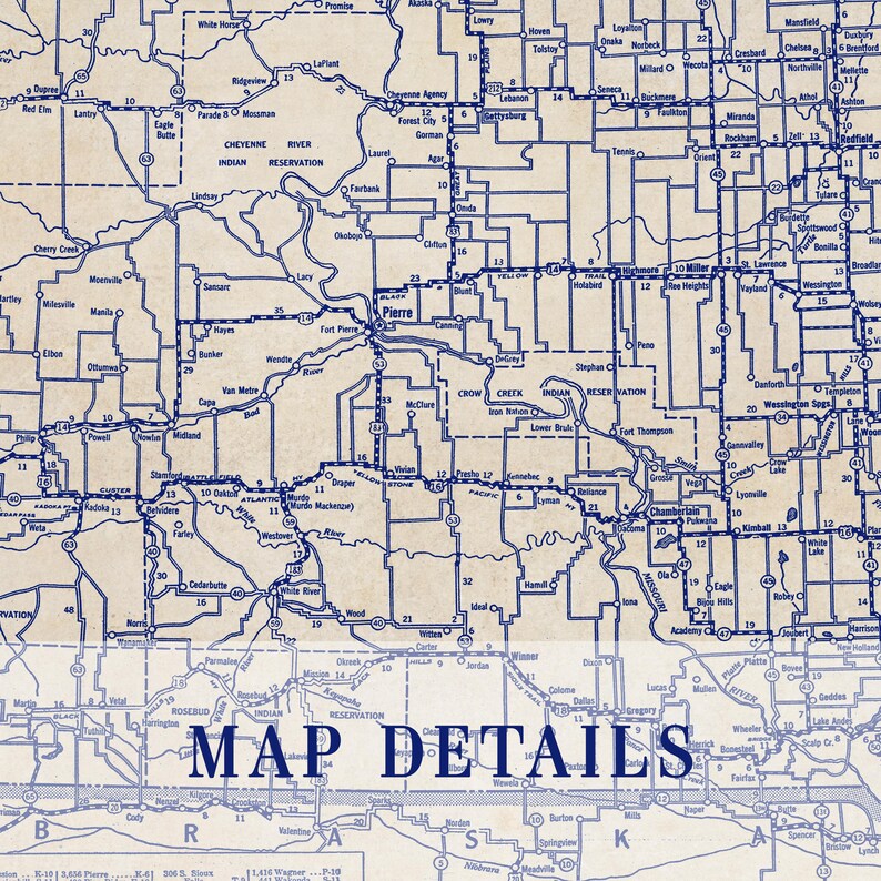 South Dakota Vintage Map Print (1930s Blueprint, Fine Art Paper) image 2
