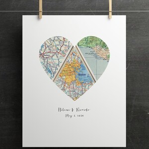 Custom Heart Map Art, Vintage Style (Three Locations, Personalized) image 8