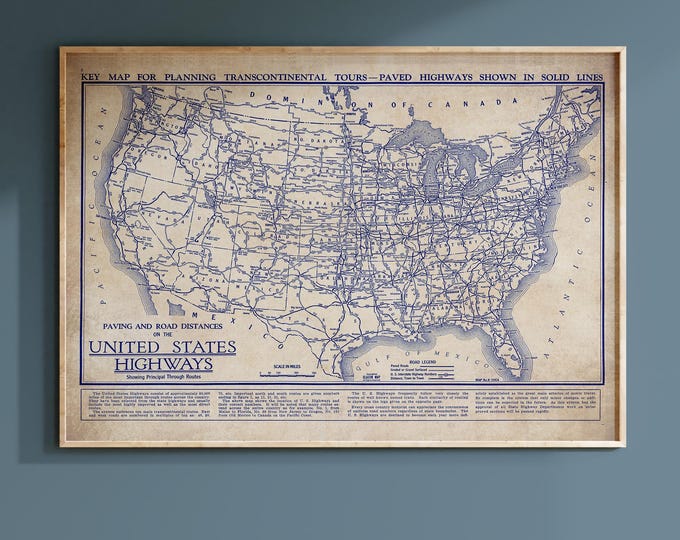 Vintage US Map Poster, Blueprint Style (1930s Historic Roads)