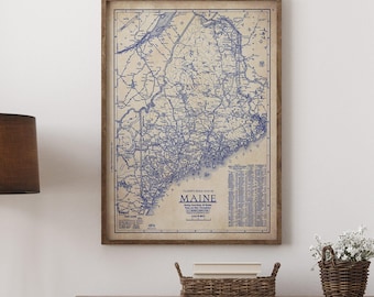 Vintage Maine Map Print - 1930s Blueprint Wall Art