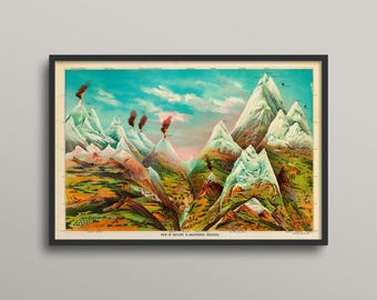 May include: A framed vintage print depicting a mountain range with erupting volcanoes. The artwork features a colorful landscape with snow-capped peaks, green valleys, and a blue sky. The text "VIEW OF NATURE IN ASCENDING REGIONS" is at the bottom.