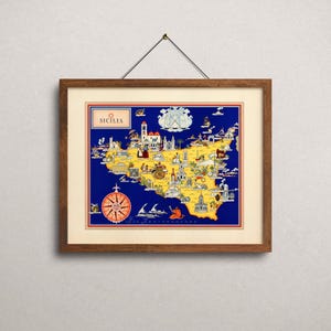 May include: Framed vintage map of Sicily, Italy, with a detailed illustration of the island's landmarks and features. The map is set against a deep blue background, with a yellow landmass and a decorative compass rose. The word "SICILIA" is at the top.