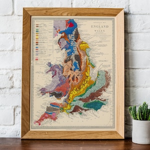 Carte géologique, Carte géologique de l’Angleterre et du Pays de Galles, ancienne carte géologique, carte de l’Angleterre, cadeau de géologue, carte géologique, géologie ancienne