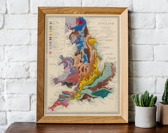 Geologic map, Geologic map of England and Wales, old geological map, map of England, geologist gift, geological survey map, vintage geology