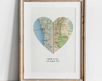 Personalized Heart Map Print - Vintage Style with Two Custom Places