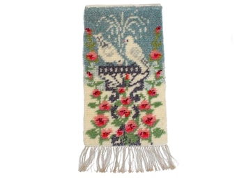 Vintage Mid Century Modern Rya Rug 60s Textile Wall Hanging Hand Woven Tapestry Doves Birds Nordic Home Decor Interior Sweden Scandinavian