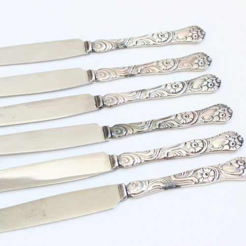 Delightful Vintage deals 6 pcs Table Knives Flatware Cutlery Antiques Silverware Romantic Silver Amsterdam Made by Nils Johan Sweden Scandinavian