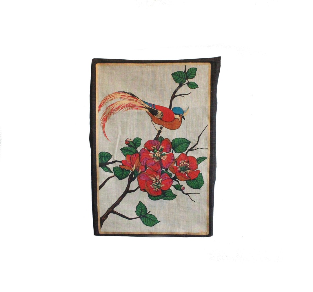 Vintage 60s Wall Hanging Tapestry Textile Art Bird Flowers Mid Etsy