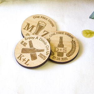 Personalised Custom Bar Tokens for Reception, Wedding Drink Tokens, Wooden Party Favors, One Free Drink Coins, Custom Wood Bar Chips