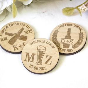Wedding Drink Tokens, Custom Bar Tokens for Reception, Engraved Wooden Party Favors, One Free Drink Coins, Custom Wood Bar Chips