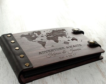 Our Adventure Photo Album, Personalized Wedding World Map Photo GuestBook, Custom Family Photo Guest Book, Wooden PhotoBook