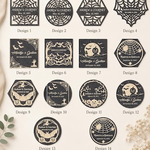 May include: A collection of fourteen personalized laser-engraved wooden Halloween designs featuring various shapes like squares, circles, hexagons, and hearts. Each piece displays unique spooky motifs including spiderwebs, bats, pumpkins, and text.