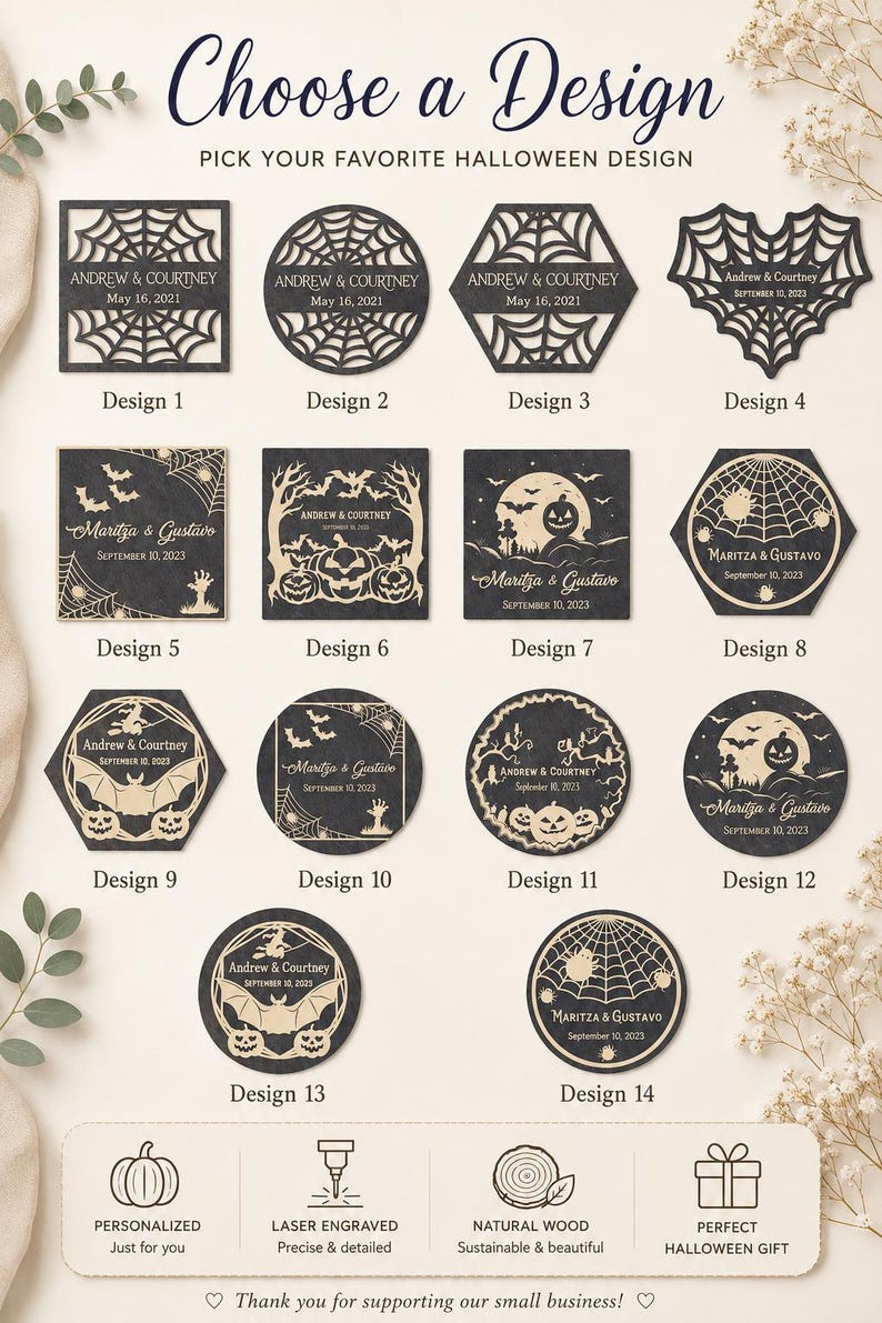 May include: A collection of fourteen personalized laser-engraved wooden Halloween designs featuring various shapes like squares, circles, hexagons, and hearts. Each piece displays unique spooky motifs including spiderwebs, bats, pumpkins, and text.