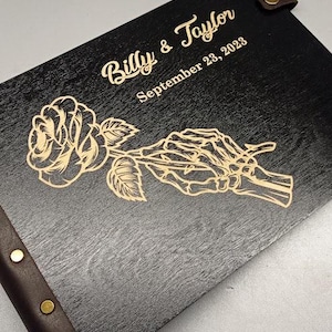 Personalized Black Gothic Wedding Guest Book, Wooden Halloween Photo Album, Skeleton Wedding Decor, Rustic Wedding Keepsake Custom Guestbook
