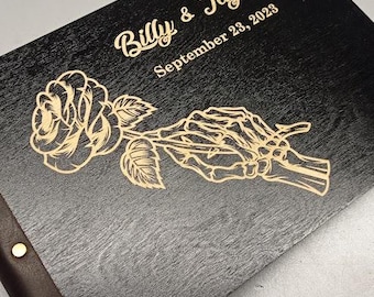 Personalized Black Gothic Wedding Guest Book, Wooden Halloween Photo Album, Skeleton Wedding Decor, Rustic Wedding Keepsake Custom Guestbook