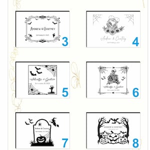 May include: Ten different designs for a Halloween wedding book cover. The designs feature skeletons, pumpkins, bats, a witch, a graveyard, and a haunted house. The text on the covers includes the names "Andrew & Courtney" and "Maritza & Gustavo" and the date "September 10, 2023".