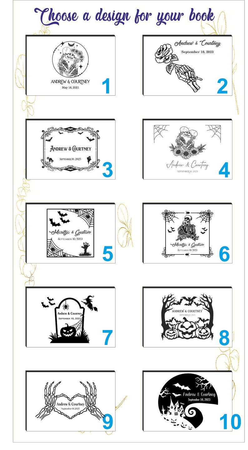 May include: Ten different designs for a Halloween wedding book cover. The designs feature skeletons, pumpkins, bats, a witch, a graveyard, and a haunted house. The text on the covers includes the names "Andrew & Courtney" and "Maritza & Gustavo" and the date "September 10, 2023".
