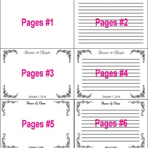 May include: A wedding guest book with six pages, each with a different design. The first two pages are blank, the next two pages have a decorative border and space for guests to write messages, and the last two pages have a decorative border and space for guests to write messages and include the date of the wedding.