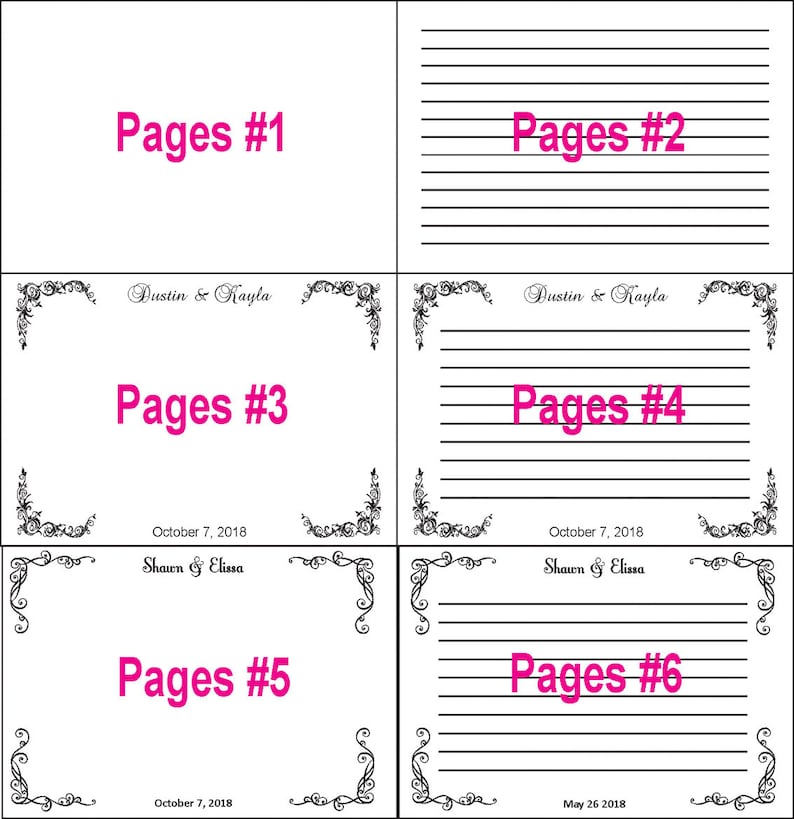 May include: A wedding guest book with six pages, each with a different design. The first two pages are blank, the next two pages have a decorative border and space for guests to write messages, and the last two pages have a decorative border and space for guests to write messages and include the date of the wedding.
