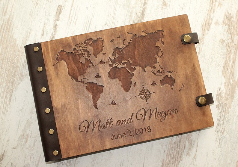 Our Adventure Scrapbook Photo Album, Wedding Scrapbook, Anniversary Couple Gift, Wooden Personalized Album, Wood Travel Photo Guest Book image 6