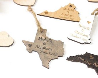 Personalized Wood State Ornament, Rustic Wedding Favor or Magnet