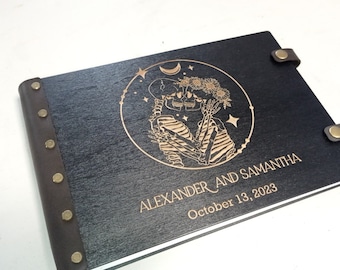 Black Gothic Wedding Guest Book, Personalized Wooden Photo GuestBook, Halloween Rustic Keepsake, Skeleton Decor