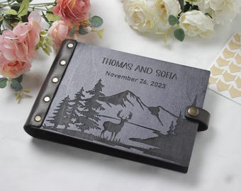 Our Travel Scrapbook, Anniversary Couple Gift, Wooden Photo Album with Mountains, Wedding Album, Adventure Book, Photo Guest Book