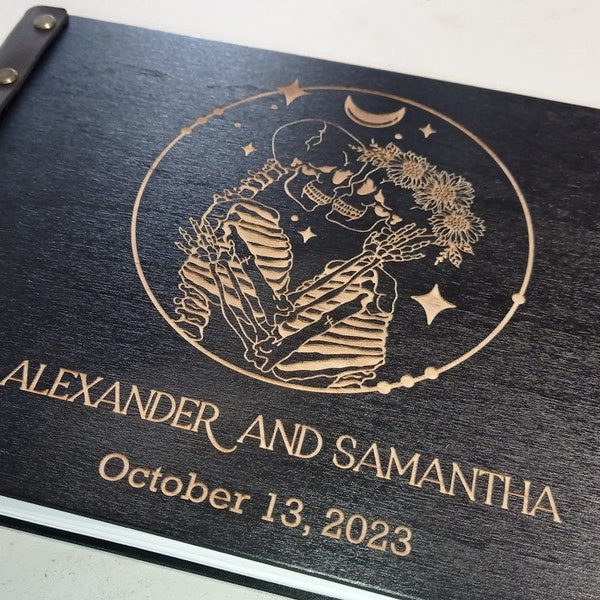 Black Gothic Wedding Guest Book, Wooden Halloween Photo Album, Personalized Wood GuestBook, Skeletons Wedding Decor