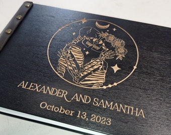 Black Halloween Wedding Scrapbook, Wooden Gothic Photo Album, Personalized Wood GuestBook, Skeletons Wedding Decor, Photo GuestBook