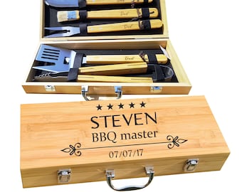 Personalized Barbecue Set with 5 Grilling Tools- Custom Engraved BBQ Master Utensils in Natural Bamboo Case Gift for Him by Algis Crafts