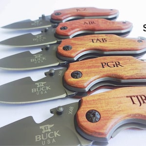 6 SET Personalized Easy Open Survival Pocket Knives.Custom Engraved Wood Handle Folding Hunting Knife, Groomsmen Gift, Wedding Favors