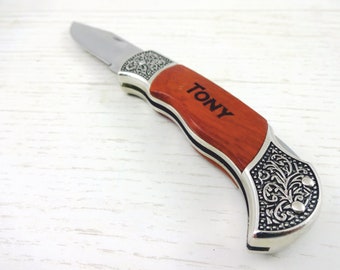 Custom Rosewood Pocket Knife. Groomsmen gift, Best man gift, Friend gift. Folding knife. Survival knife. Decorative wooden knife