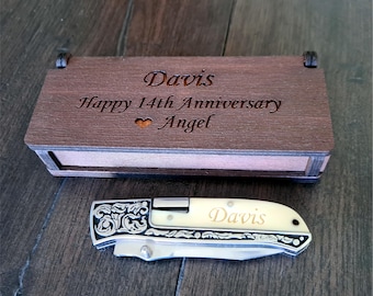 Elegant and Practical 14th Anniversary Gift. Personalized Pocket Knife with Engraved Wooden Box– Custom Gift for Husband, Groomsman, Woman