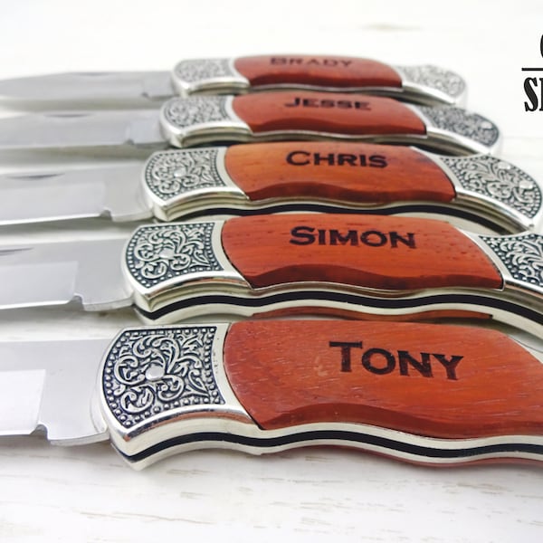 6 SET Personalized Pocket Knife, Custom Engraved Wood Handle Folding Hunting Knife, Groomsmen Gift, Gift for Groomsman, Wedding Favors