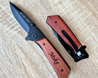 Personalized Pocket Knife with Engraved Wooden Box– Custom Gift for Him, Groomsman Knife, Father's Day, Wedding Favor Gift by Algis Crafts