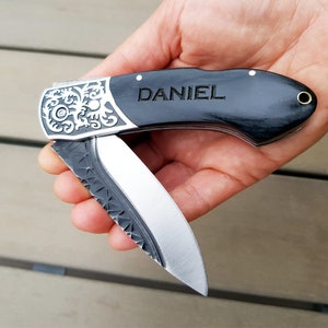 Black knife. Personalized Pocket Knives. Gift for Him. Gift for Dad, Husband, Brother, Boyfriend, Groom, Best man, Friend. Folding knife image 1