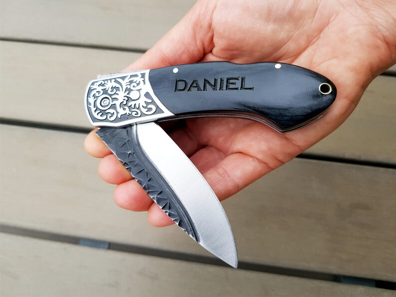 Black knife. Personalized Pocket Knives. Gift for Him. Gift for Dad, Husband, Brother, Boyfriend, Groom, Best man, Friend. Folding knife image 1