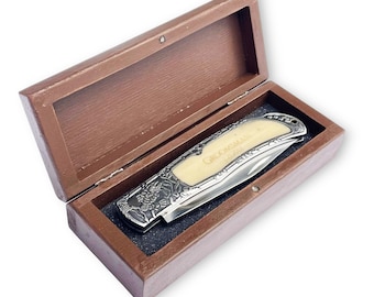 White Personalized Pocket Knife with Engraved Wooden Box– Custom Gift for Husband, Father, Groomsman, man. Father's Day Gift by Algis Crafts