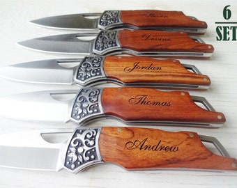 6 SET Personalized Pocket Knives CLASSIC. Engraved Knife, Wood Handle Pocket Knife, Personalized Groomsmen Gift, Monogrammed Pocket Knife