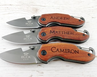 3 SET Personalized Easy Open Survival Pocket Knives. Custom Engraved Wood Handle, Groomsmen Gift, Gift for Groomsman, Wedding Favors